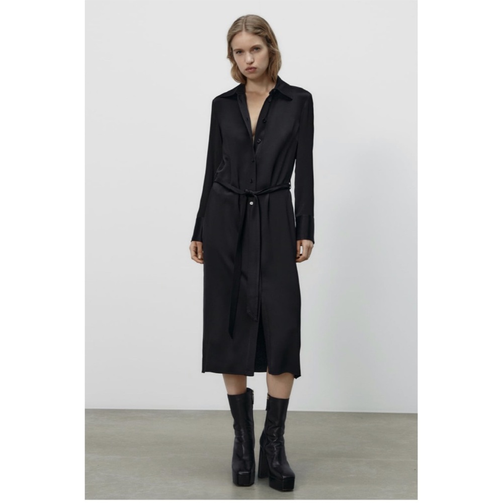 Zara Black Long Sleeve Shirt Midi Dress